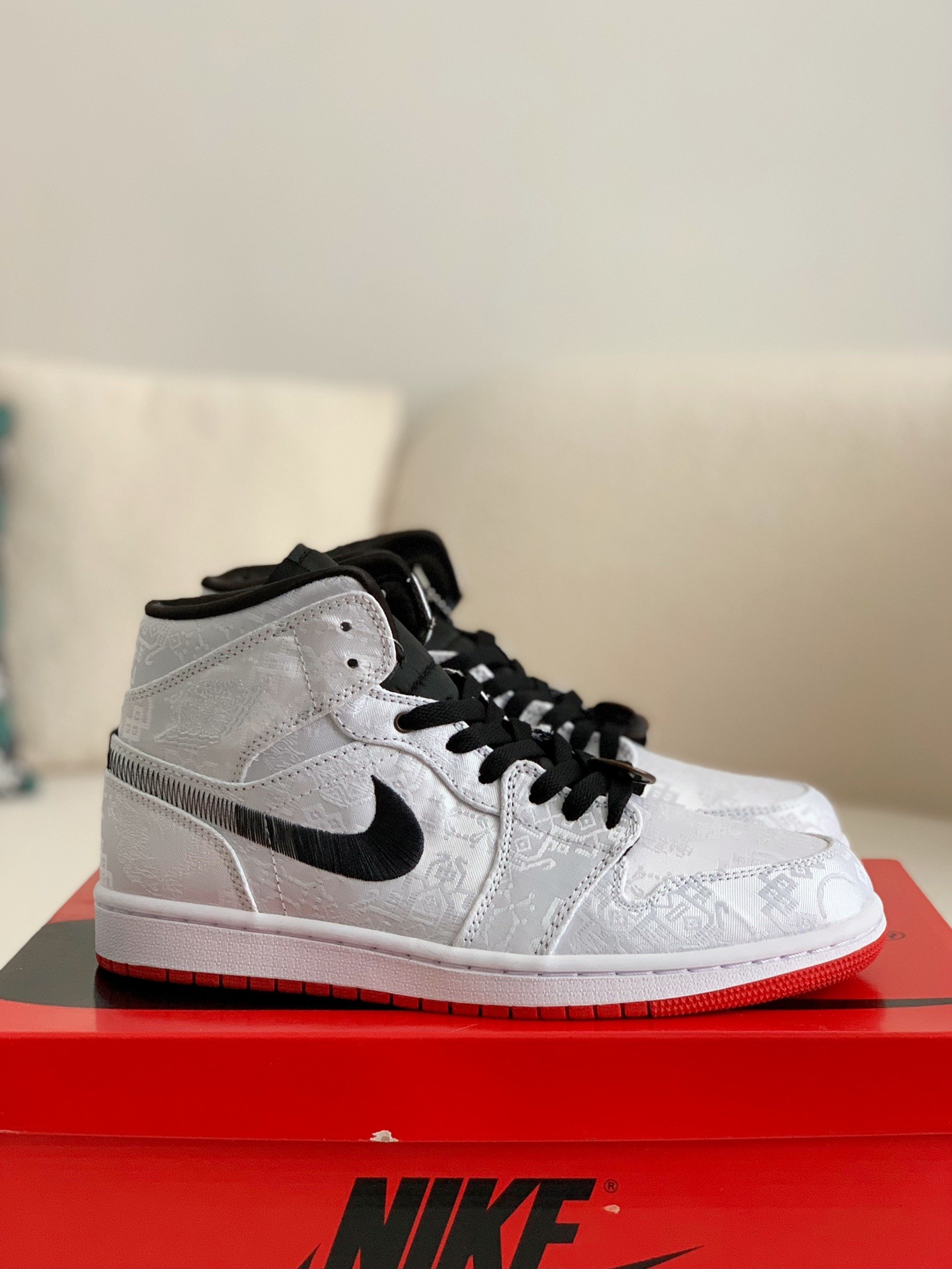 「#2」Clot × Air Jordan AJ1 Mid "Fearless" White Silk Sneakers - Image 2