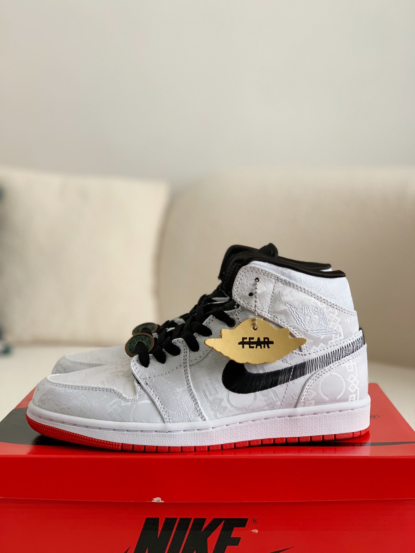 「#2」Clot × Air Jordan AJ1 Mid "Fearless" White Silk Sneakers