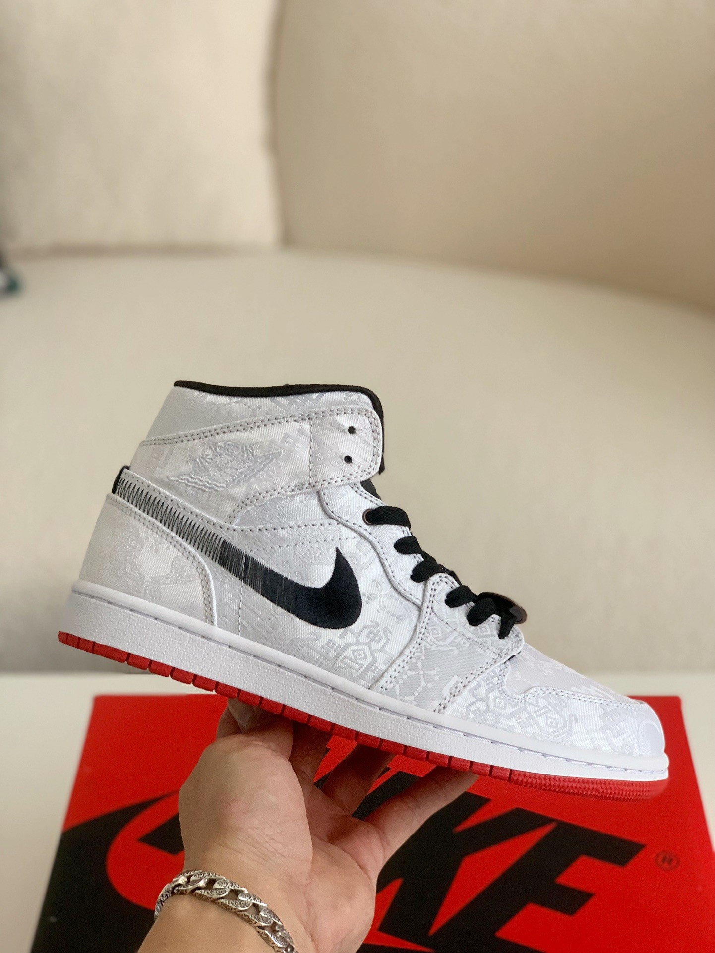 「#2」Clot × Air Jordan AJ1 Mid "Fearless" White Silk Sneakers - Image 3