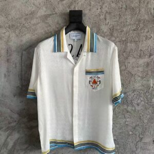 「#3313」CASABLANCA White silk jacquard T-shirt with orange pattern