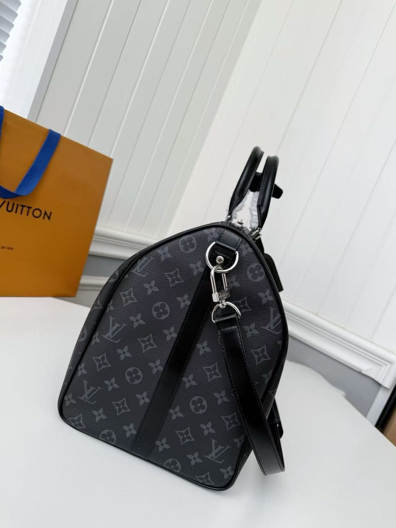 「#3586」New KEEPALL BANDOULIÈRE 50 black check travel bag N14202 - Image 4