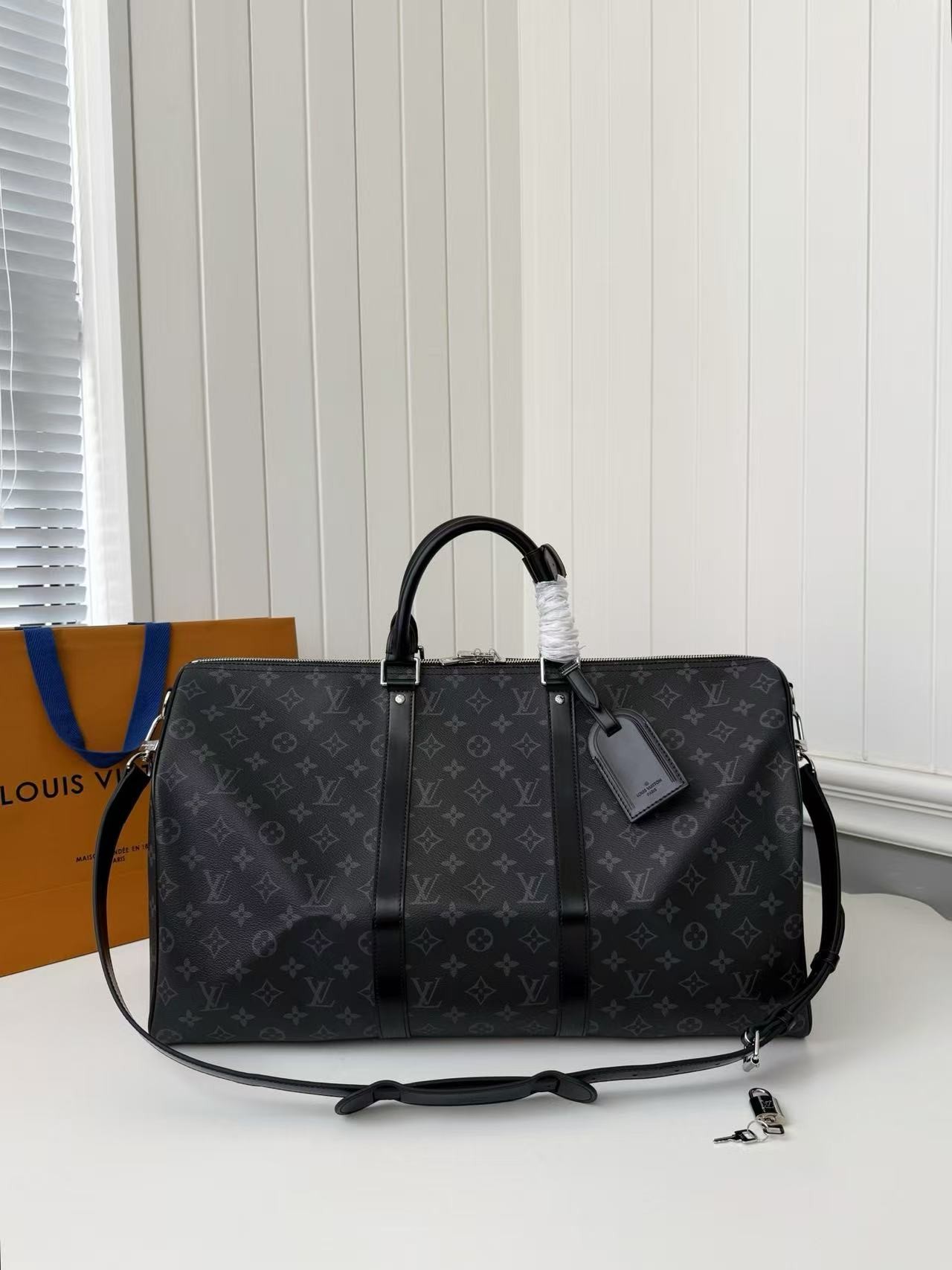 「#3586」New KEEPALL BANDOULIÈRE 50 black check travel bag N14202