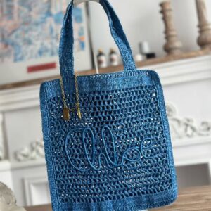 「#3657」chloe spring and summer new SUMMER BANANA dopamine color blue pure handmade straw woven bag Size: 33