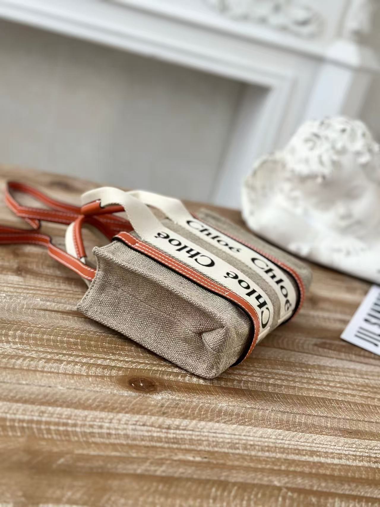 「#3663」Chloe Woody linen pure cotton canvas and glossy small dough, orange casual bag mini: 20*14*6cm - Image 3