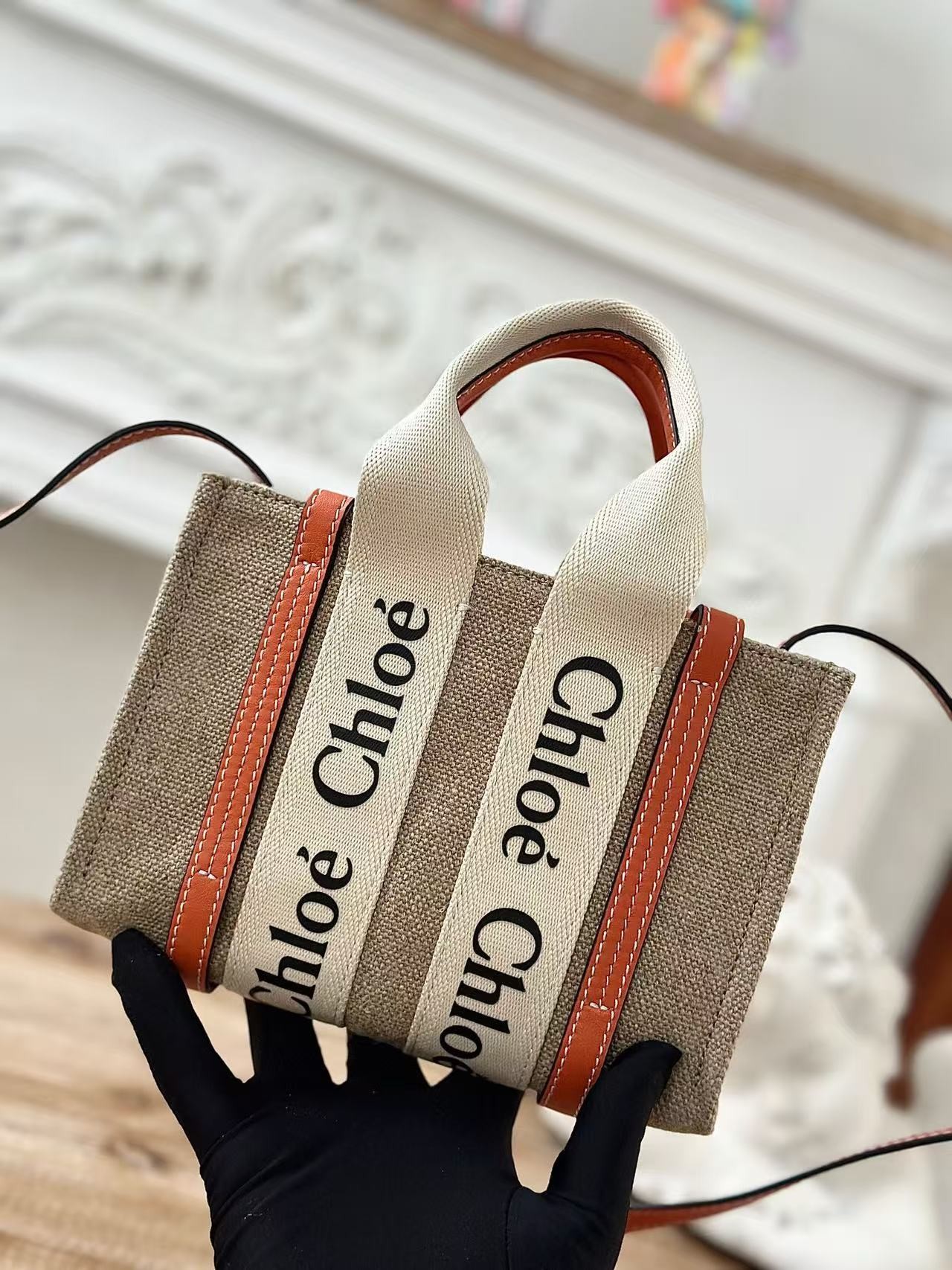 「#3663」Chloe Woody linen pure cotton canvas and glossy small dough, orange casual bag mini: 20*14*6cm - Image 2