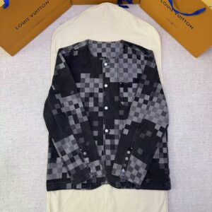 「#5276」LOUIS VUITTON Mosaic Checkered Denim Collarless Jacket