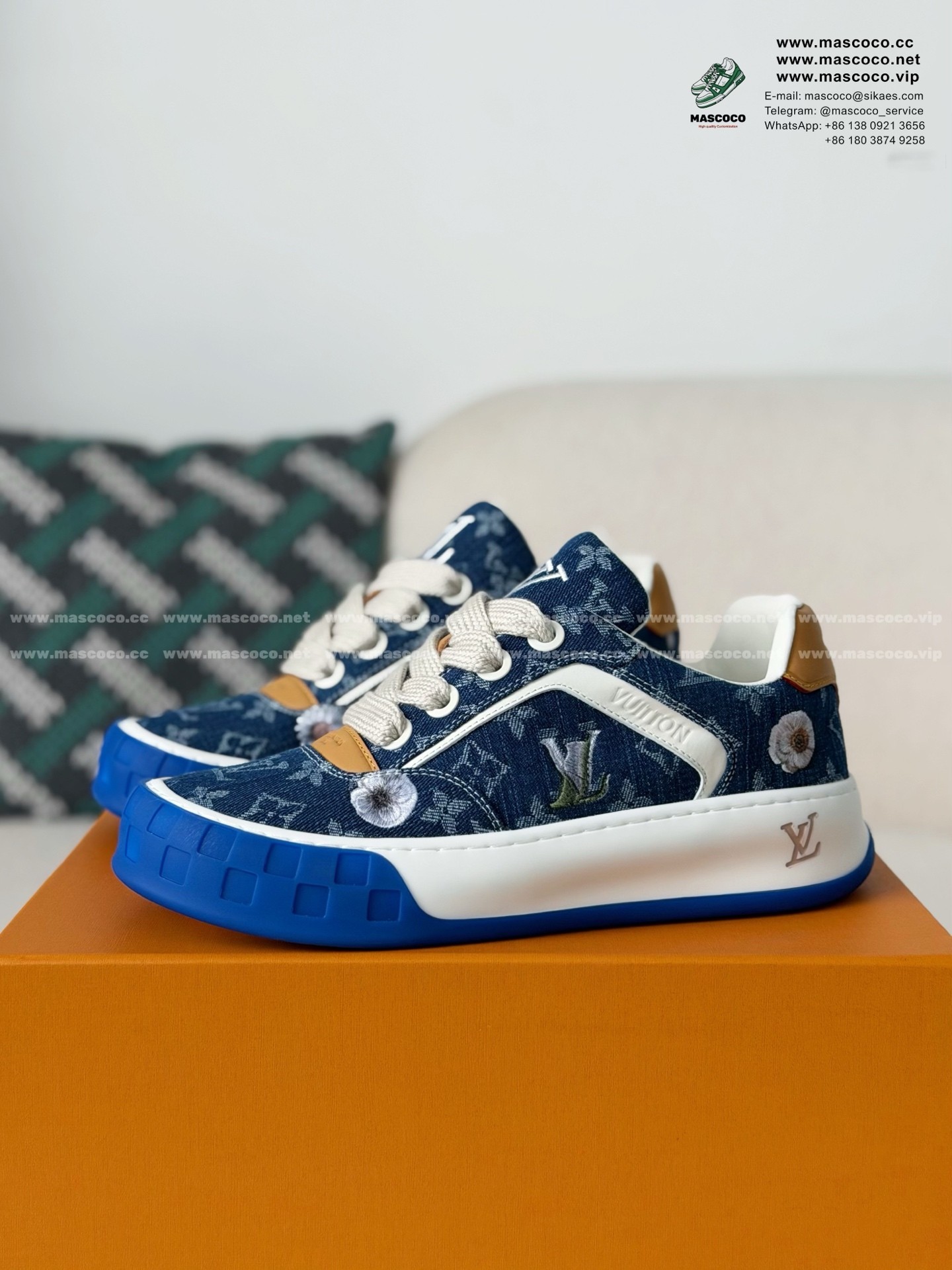 「#6640」LOUIS VUITTON TILTED CANVAS LEATHER BOARD SHOES