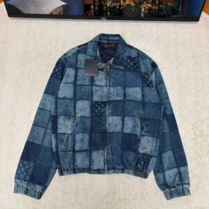 「#7186」LOUIS VUITTON laser-logo patchwork denim belted jacket